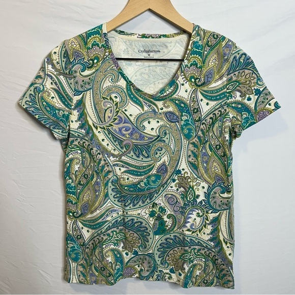 Croft & Barrow Multi Green Paisley V-Neck Top size Medium 100% Cotton - Picture 3 of 9